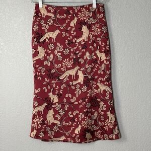 Midi Skirt Satin Woodland Creatures Forest Fairy Grunge Burgundy Beige Size L